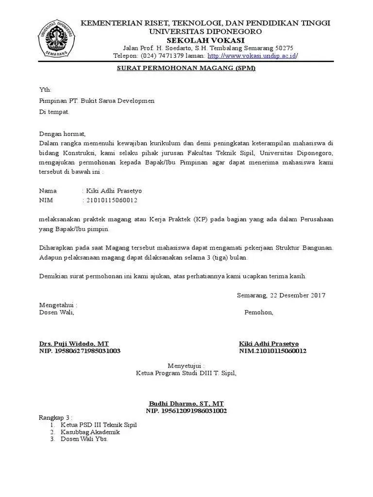 contoh surat permohonan magang dari universitas
