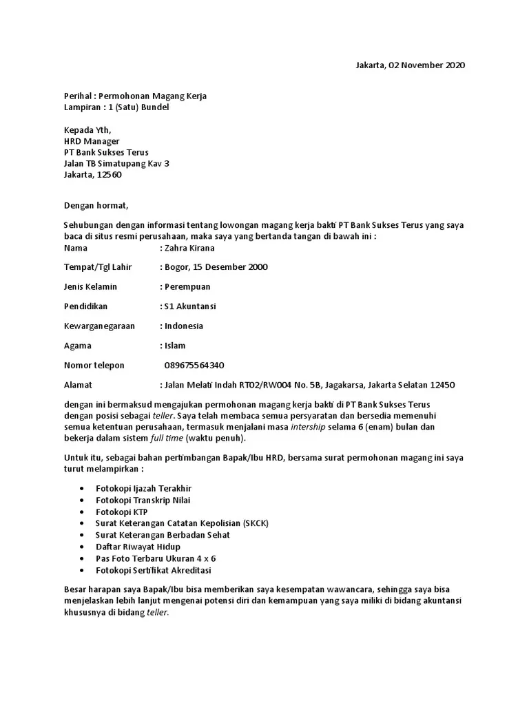 surat permohonan magang di bank