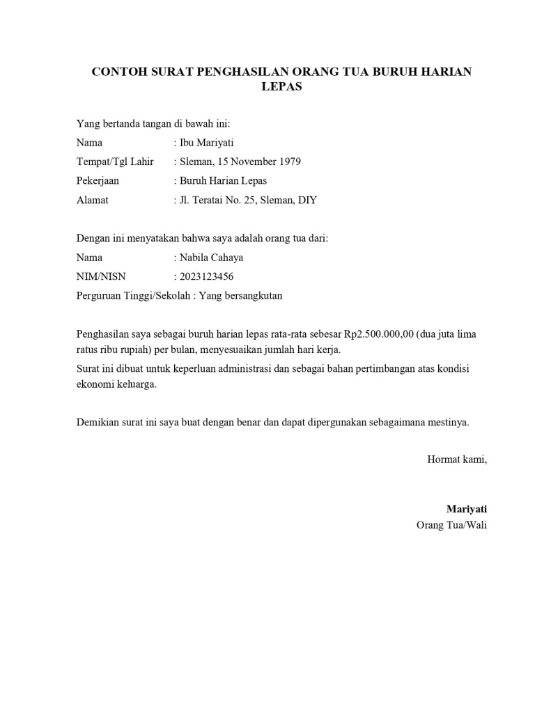 Contoh Surat Penghasilan Orang Tua Buruh Harian Lepas