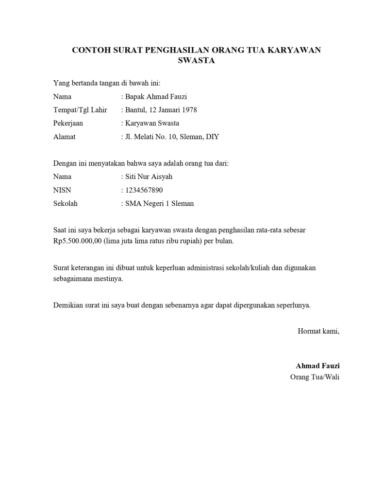 Contoh Surat Penghasilan Orang Tua Karyawan Swasta