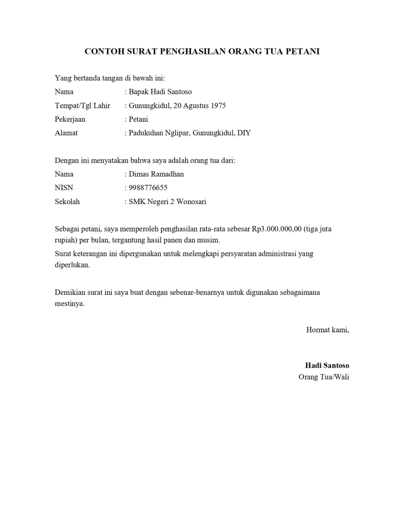 Contoh Surat Penghasilan Orang Tua Petani
