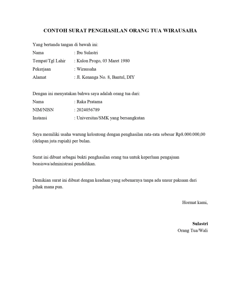 Contoh Surat Penghasilan Orang Tua Karyawan Wirausaha